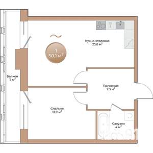 1-к квартира, вторичка, 50м2, 17/24 этаж