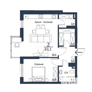 2-к квартира, строящийся дом, 63м2, 20/23 этаж
