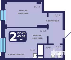 2-к квартира, вторичка, 43м2, 1/25 этаж