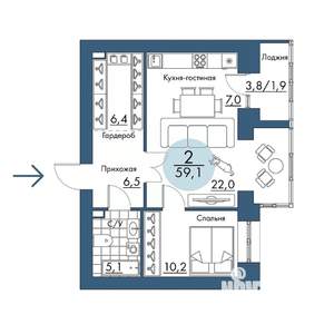 2-к квартира, строящийся дом, 59м2, 16/17 этаж