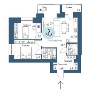 3-к квартира, строящийся дом, 79м2, 3/17 этаж