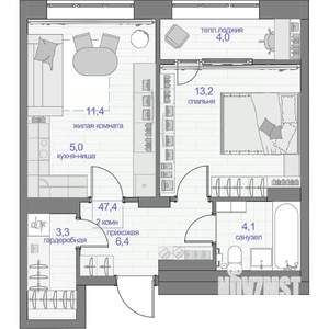 2-к квартира, вторичка, 47м2, 13/13 этаж