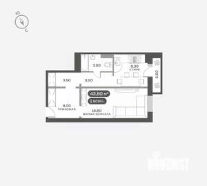 1-к квартира, вторичка, 44м2, 3/17 этаж