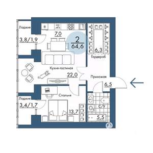 2-к квартира, вторичка, 65м2, 17/17 этаж