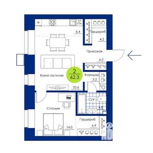 2-к квартира, вторичка, 62м2, 2/17 этаж