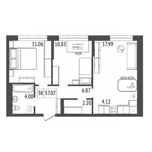 3-к квартира, строящийся дом, 57м2, 9/17 этаж