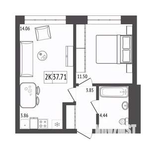 2-к квартира, строящийся дом, 38м2, 15/17 этаж
