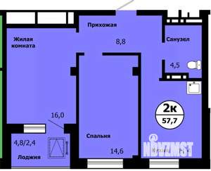 2-к квартира, строящийся дом, 57м2, 17/19 этаж