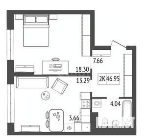 2-к квартира, вторичка, 47м2, 6/17 этаж