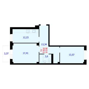 2-к квартира, строящийся дом, 61м2, 2/9 этаж