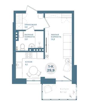 1-к квартира, строящийся дом, 30м2, 10/19 этаж