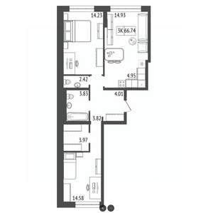 3-к квартира, строящийся дом, 67м2, 15/17 этаж