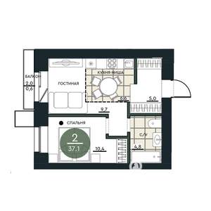 2-к квартира, строящийся дом, 37м2, 12/17 этаж