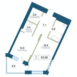 2-к квартира, строящийся дом, 53м2, 14/24 этаж