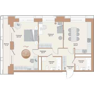 2-к квартира, вторичка, 73м2, 4/24 этаж