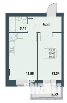 1-к квартира, строящийся дом, 40м2, 9/9 этаж