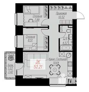 2-к квартира, вторичка, 52м2, 7/17 этаж