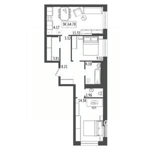 3-к квартира, строящийся дом, 65м2, 8/17 этаж
