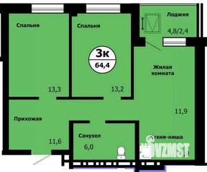 3-к квартира, сданный дом, 63м2, 1/19 этаж