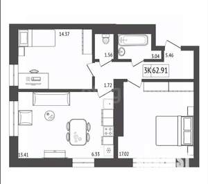 3-к квартира, вторичка, 63м2, 14/17 этаж