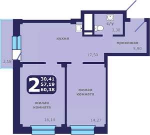2-к квартира, строящийся дом, 60м2, 25/25 этаж