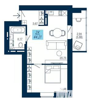 1-к квартира, строящийся дом, 44м2, 15/19 этаж