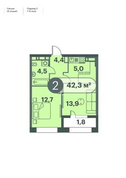 2-к квартира, строящийся дом, 42м2, 15/25 этаж
