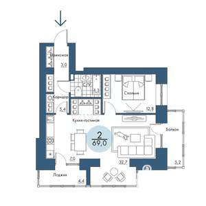 2-к квартира, строящийся дом, 69м2, 14/17 этаж