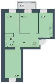 3-к квартира, строящийся дом, 78м2, 2/9 этаж