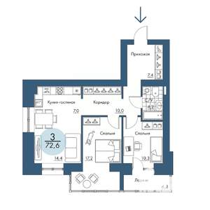 3-к квартира, строящийся дом, 73м2, 15/17 этаж