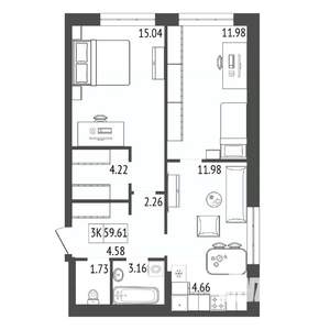 3-к квартира, строящийся дом, 60м2, 10/17 этаж