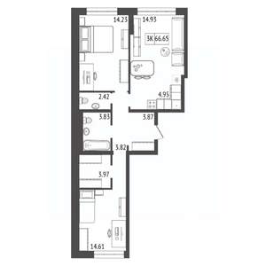 2-к квартира, строящийся дом, 67м2, 11/17 этаж