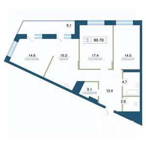 3-к квартира, строящийся дом, 91м2, 20/24 этаж