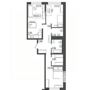 3-к квартира, строящийся дом, 65м2, 15/17 этаж