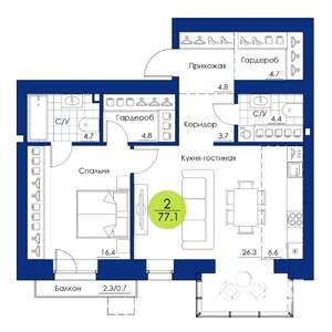 2-к квартира, вторичка, 77м2, 3/17 этаж