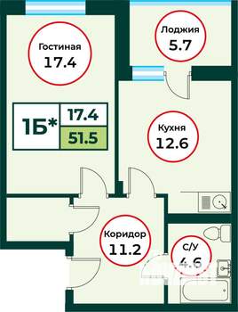 1-к квартира, строящийся дом, 51м2, 2/8 этаж
