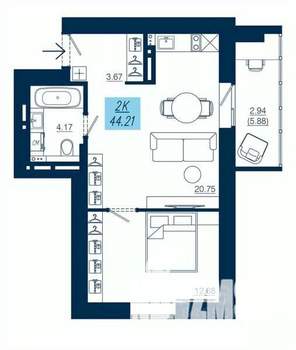 1-к квартира, вторичка, 44м2, 13/19 этаж