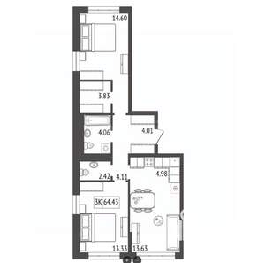 3-к квартира, вторичка, 65м2, 13/17 этаж