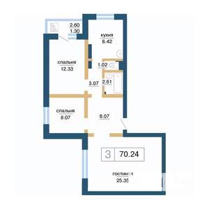 3-к квартира, строящийся дом, 70м2, 12/17 этаж