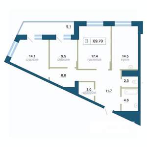 3-к квартира, строящийся дом, 90м2, 22/24 этаж