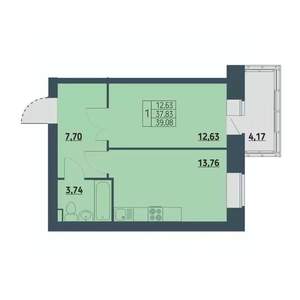 1-к квартира, строящийся дом, 39м2, 5/9 этаж