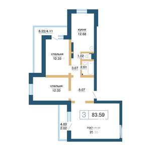3-к квартира, строящийся дом, 84м2, 2/17 этаж