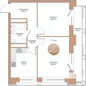 2-к квартира, строящийся дом, 55м2, 5/24 этаж