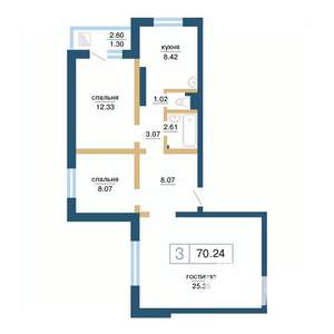 3-к квартира, строящийся дом, 70м2, 17/17 этаж