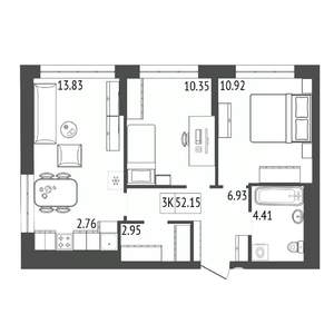 3-к квартира, строящийся дом, 52м2, 15/17 этаж