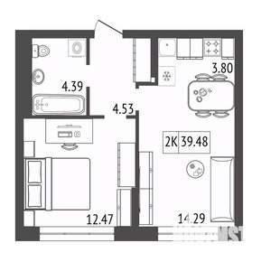2-к квартира, строящийся дом, 39м2, 7/17 этаж
