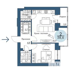 2-к квартира, строящийся дом, 59м2, 8/17 этаж