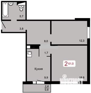 2-к квартира, вторичка, 61м2, 1/17 этаж