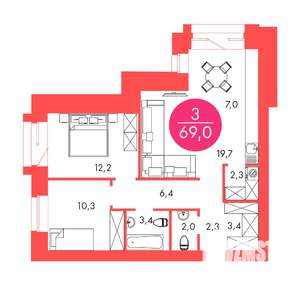 3-к квартира, строящийся дом, 69м2, 6/17 этаж