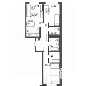 3-к квартира, вторичка, 65м2, 13/17 этаж